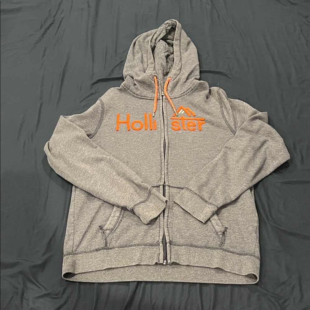 Hollister Heather Gray Zip-Up Hoodie with Orange Text